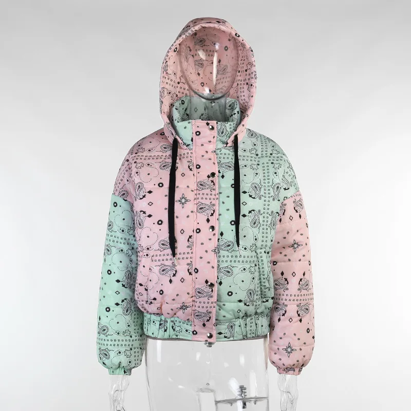 2022 Fashion Casual Cute Pattern Colorblock Hooded Long Sleeve Zipper Short Padded Clothes for Women