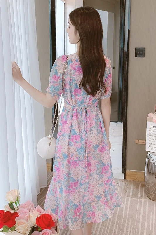 

COIGARSAM Ruffles Women dress New Summer Floral Print Short Sleeve V-Neck Dresses 1300