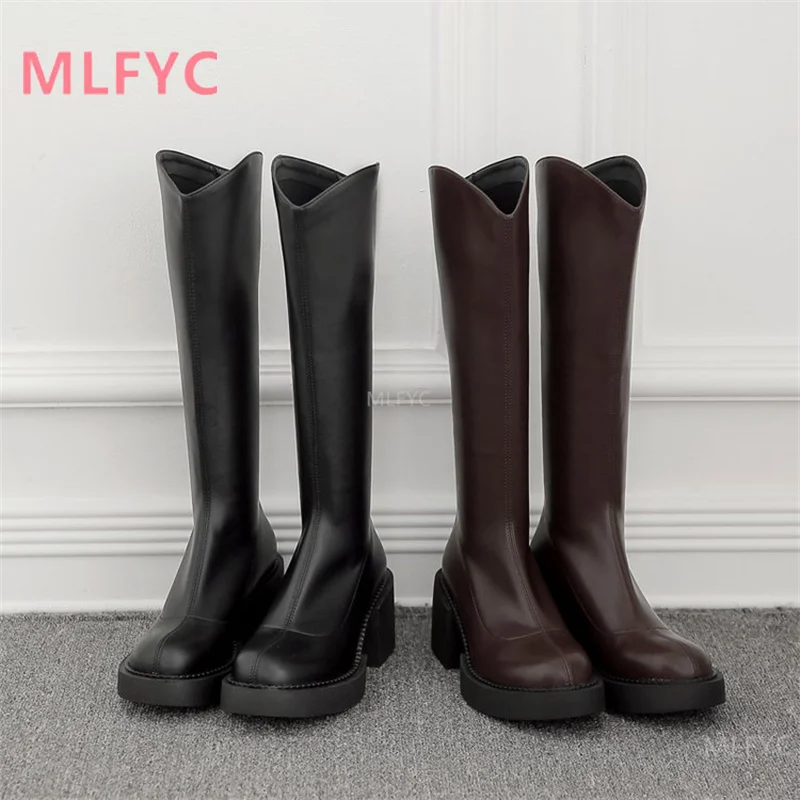 

Женские сапоги с круглым носком, новинка 2021, мягкие кожаные сапоги с v-образным вырезом, зимние рыцарские сапоги до колена на высоком каблуке...