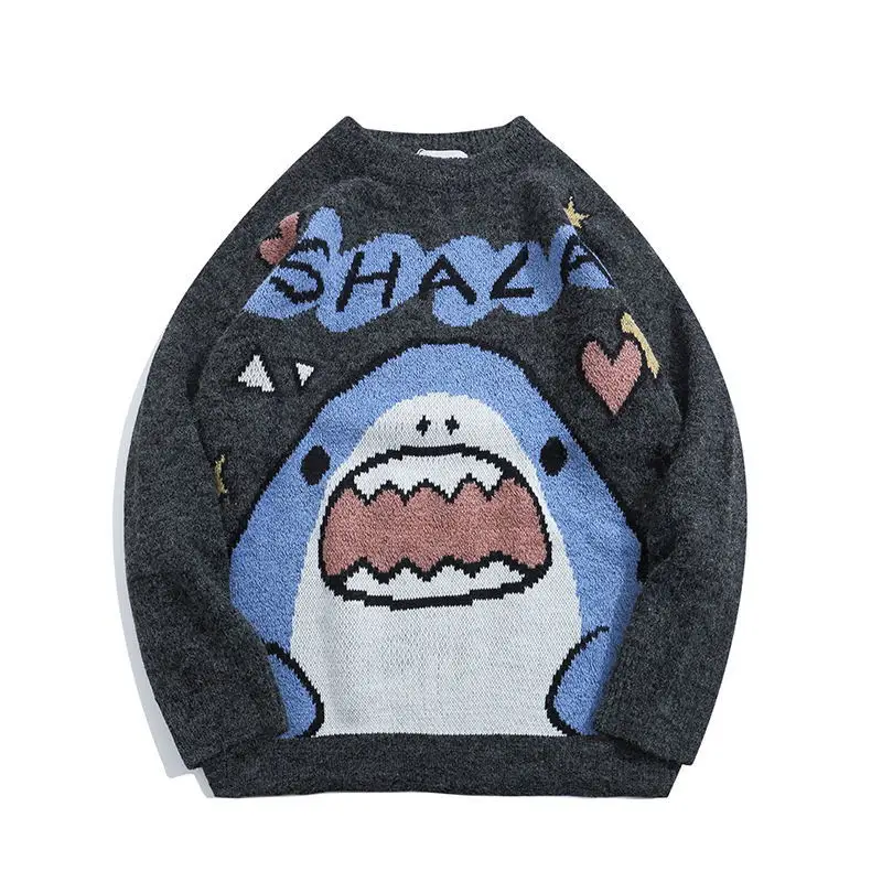 

Japanese retro shark print sweater men's fall/winter round neck pullover couple loose sweater Hong Kong style retro youth