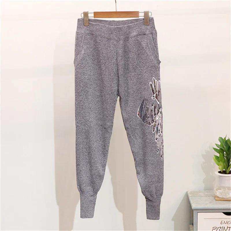 Women's Sweater Suit Autumn Winter Knitted Tracksuit Beaded sequin embroidery Pullovers+Pants Two Piece Set Outfits enlarge