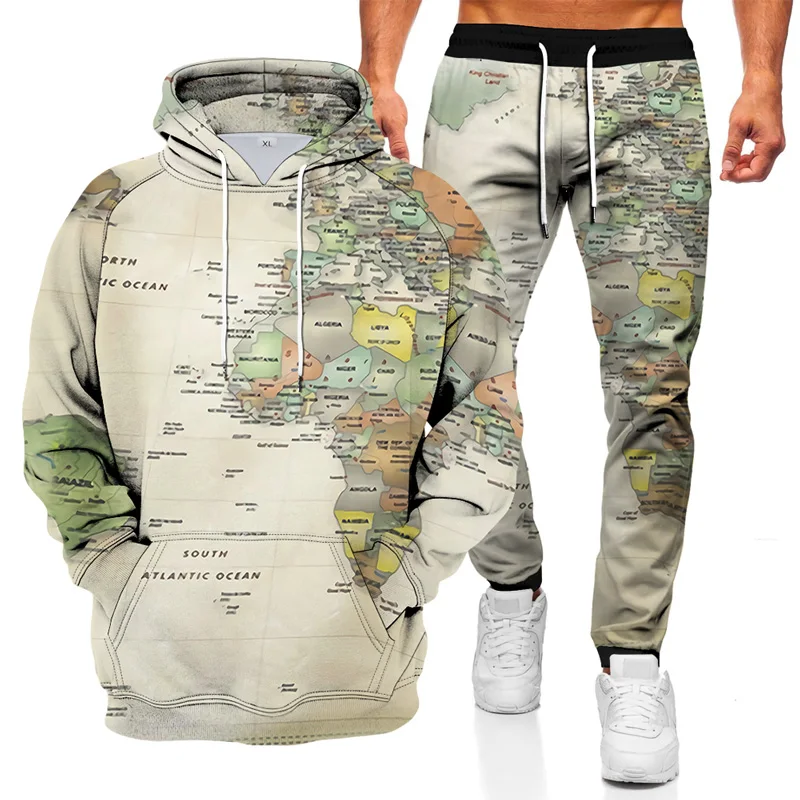 

Summer 3D map printing logo men's suit casual daily light 2-piece hooded sweater jogging sports suit men 2021