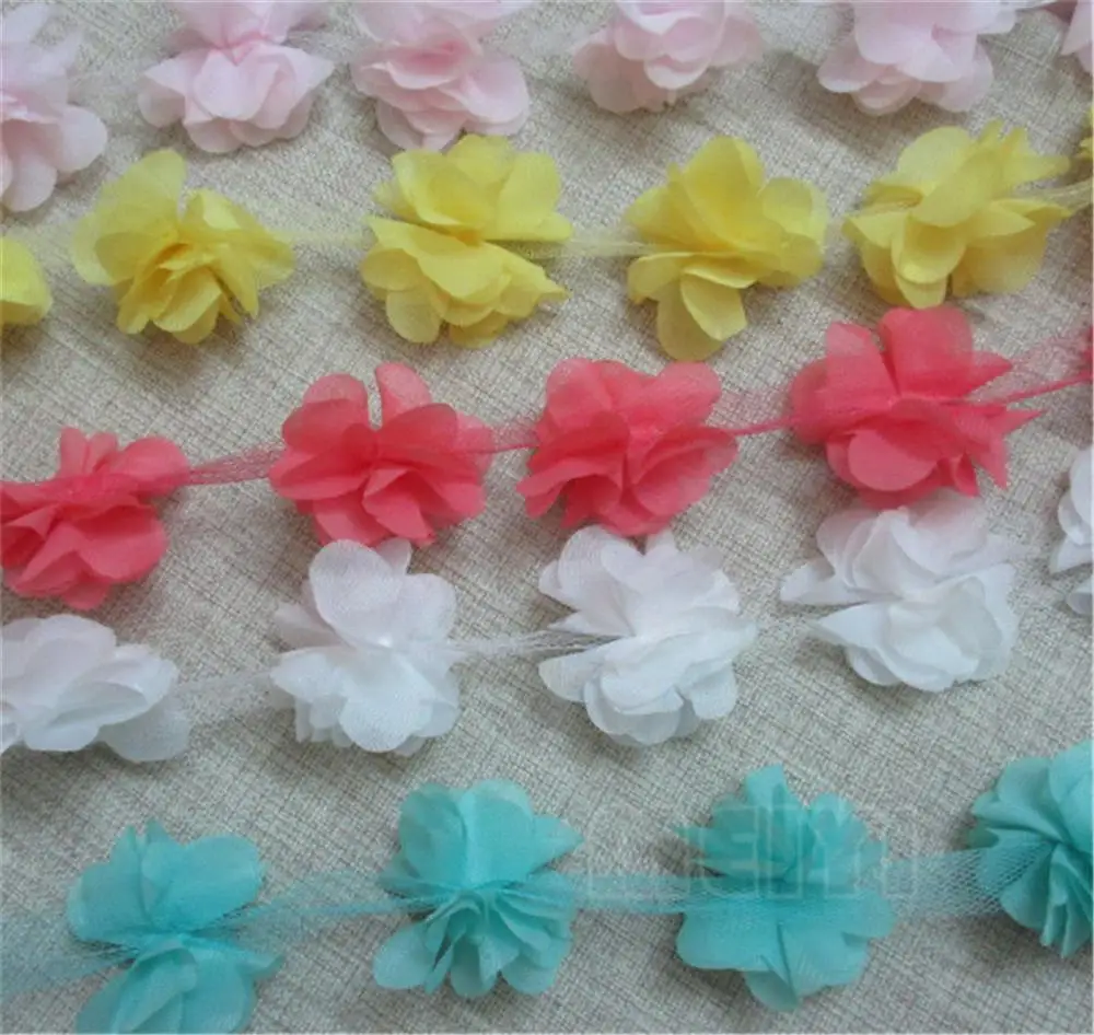 2 ярдов 3D цветочные лепестки из шифона листья ткани с кружевной отделкой Лента