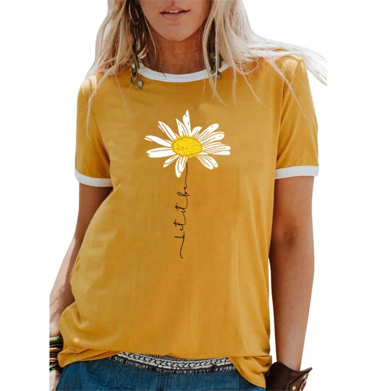 

Women Daisy Let It Be Flower Trendy Short Sleeve Floral Streetwear Crew Neck Ladies Casual Tee Hipster Letters Top T-Shirt