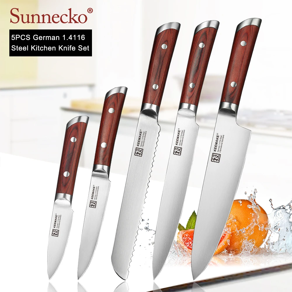 KEEMAKE Chef Knife German 1.4116 Steel knife Sharp Slicing Bread Utility Paring Color Wood Handle 5PCS Kitchen Knives Set | Дом и сад