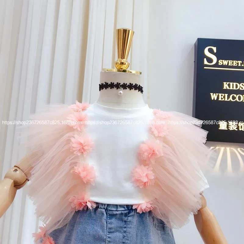 Детская одежда Новинка лета 2020 футболка с вышитыми мелкими цветочками из