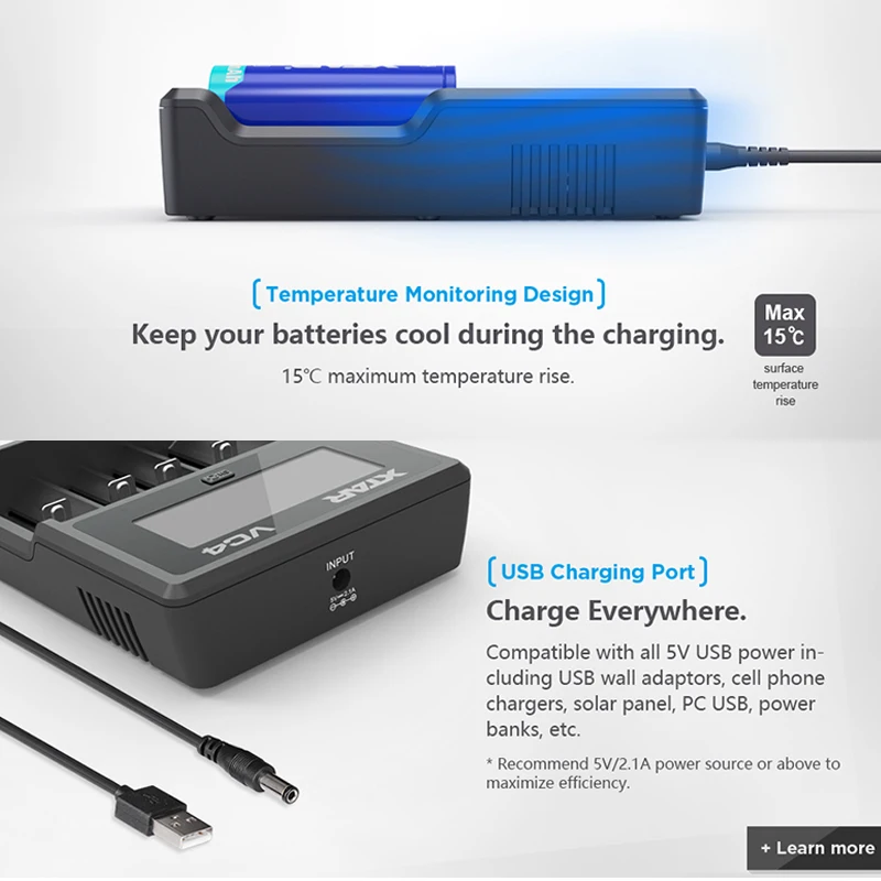 XTAR VC4 Батарея Зарядное устройство ЖК-дисплей USB Зарядное устройство для 10440/14500/18350/17500/18500/18700/21700/20700/18650 Re Зарядное устройство может Батарея Зарядное устройство