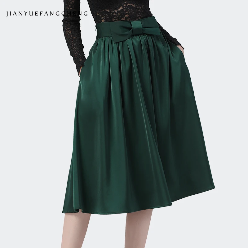 

Cute Bow-knot Decorated Women Spring Summer High Waist A-Line Satin Mid-Length Skirt Loose Big Swing Flowing Pleated Skirts