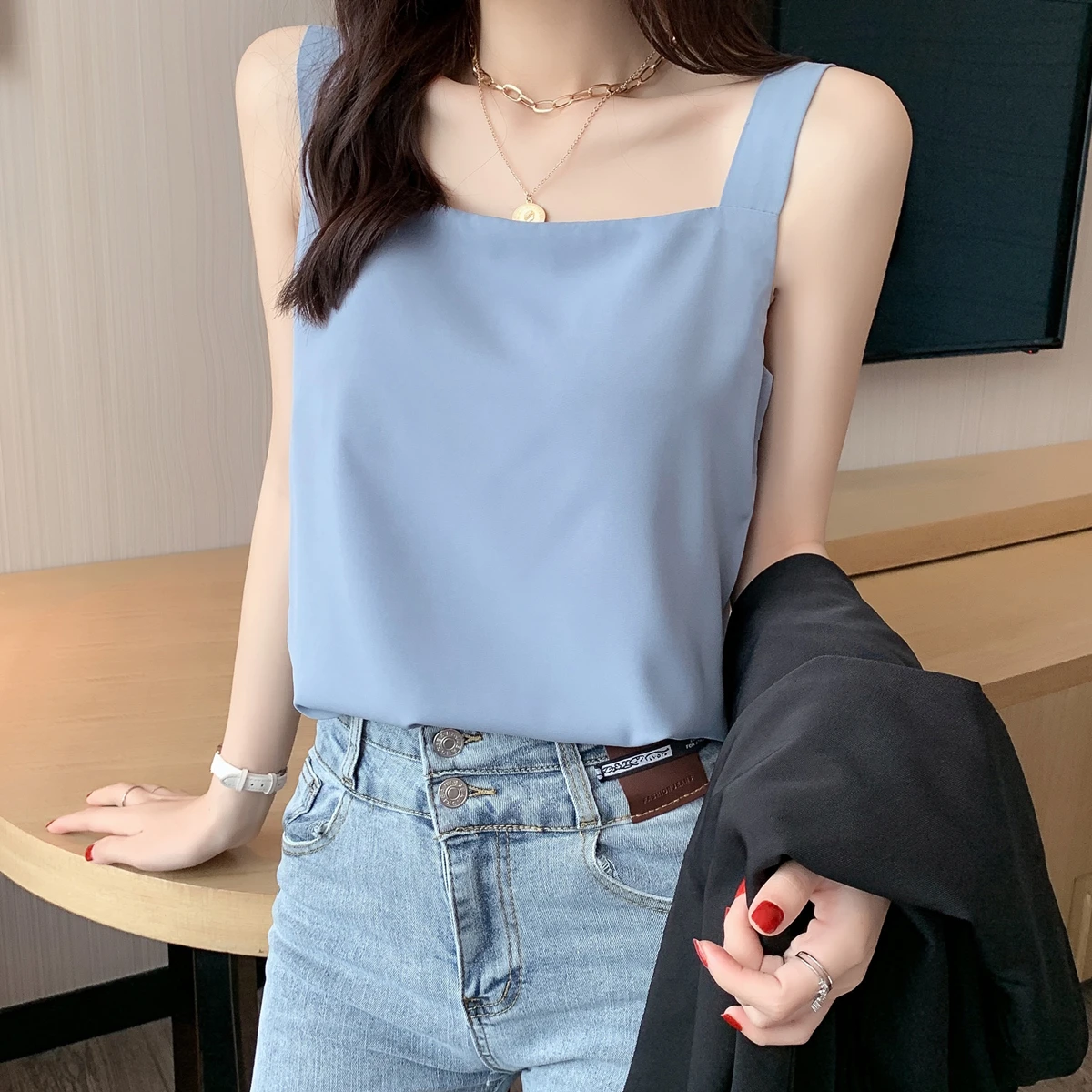 Summer Square collar Cami Top Solid Color Pajamas Womens Loose Sling