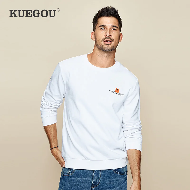 

KUEGOU 2022 Весна 100% хлопок принт белый серый свитшот для мужчин Crewneck тонкая Мода для мужчин Уличная одежда размера плюс 2264