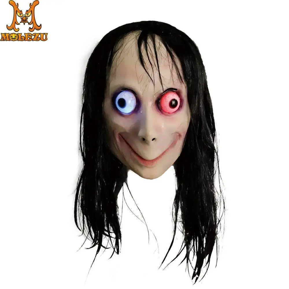 

Molezu LED Light MoMo Creepy Mask Scary Challenge Games Evil Latex Mask With Long Hair Halloween Costume Party Props