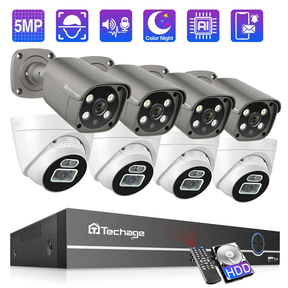 

Techage HD 5MP H.265 Video Surveillance Kit Smart AI Face Detection 8CH PoE NVR Kit Outdoor P2P CCTV Security IP Camera System