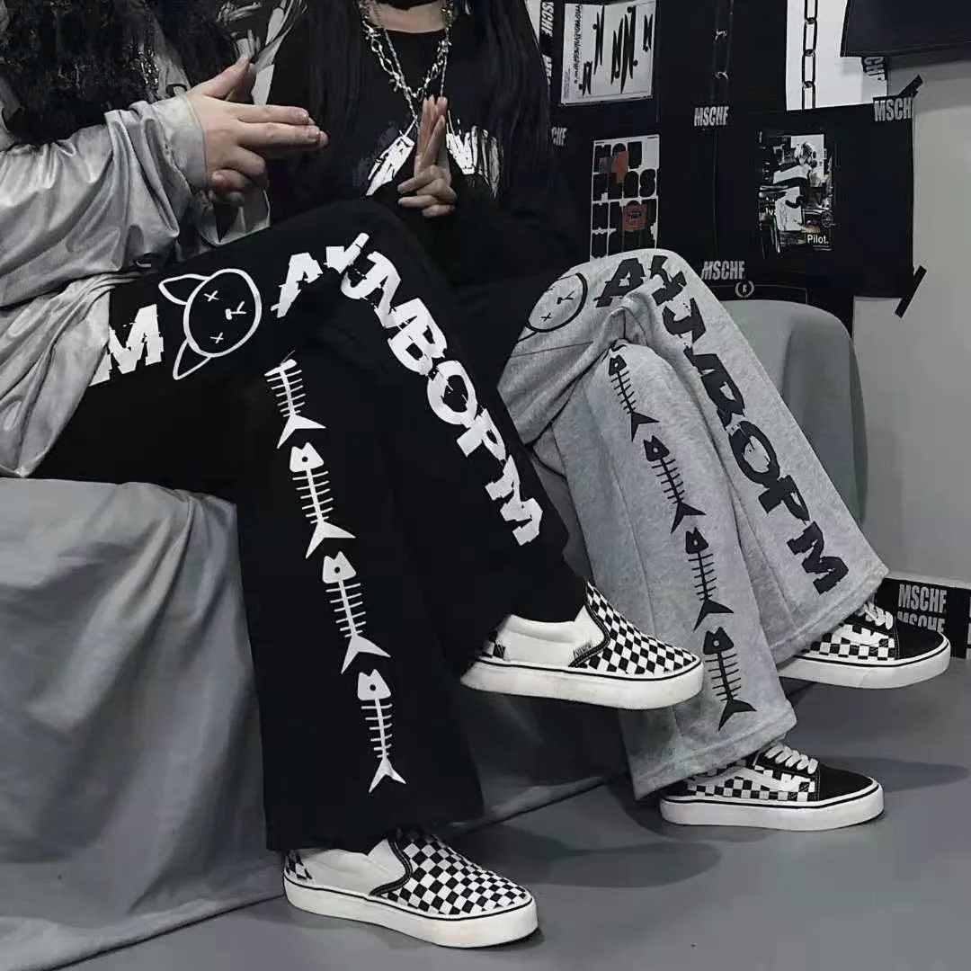

Harajuku Cartoon Printing Fashion Japanese Hip Hop Wide Leg Pants Men's and Women's Casual Street Elastic Waist Jogging Pants