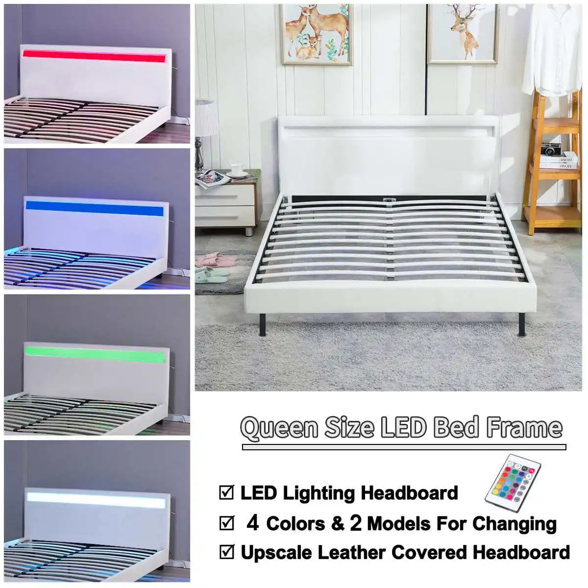 

Queen Size LED Bed Frame 41.5 inch 4 Color Changing Lights Headboard Modern Upholstered Faux Leather Solid Wooden Bed Frame