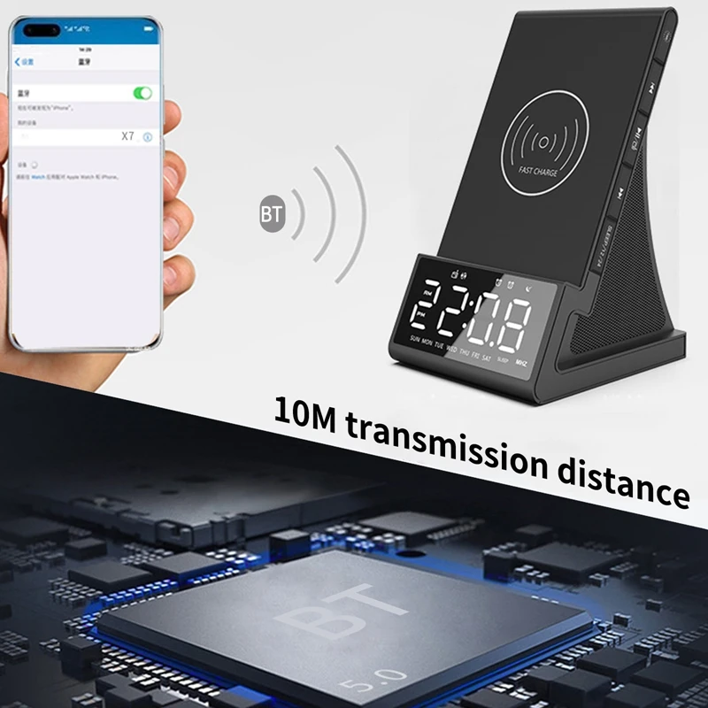 

Wirelessly Charge Radio Alarm Clock Speaker LED Display Stereo Sound Quality Double Alarm Clock