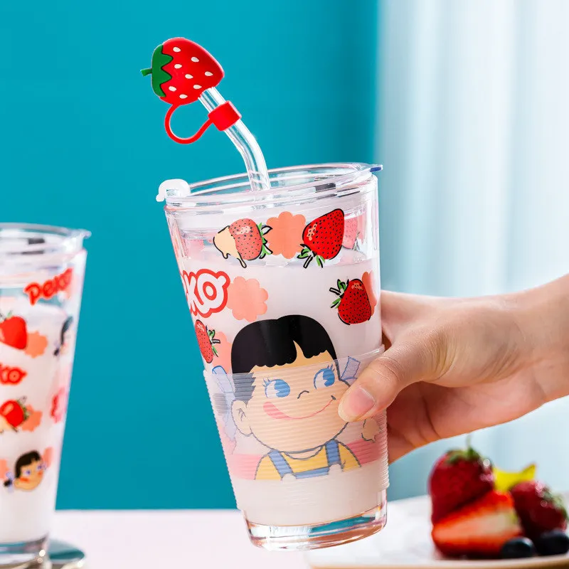 Мультяшные стеклянные стаканы для воды с крышкой в виде соломинок милые большие