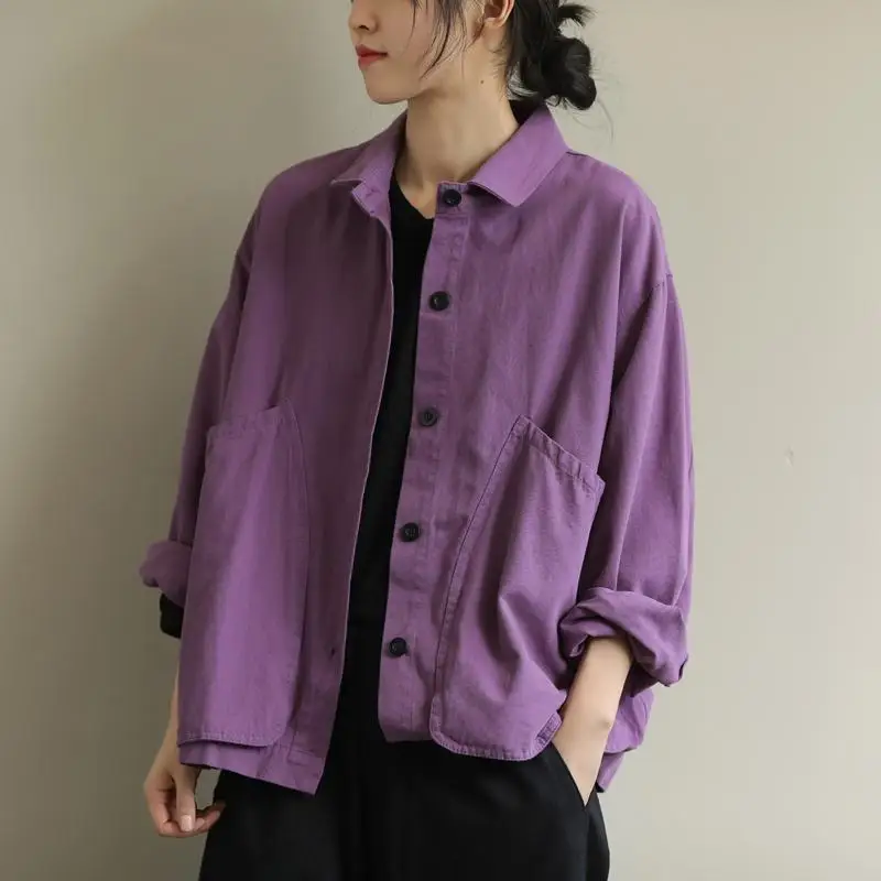 

2021 New Arrival Summer Women Loose Turn-down Collar Long Sleeve Blouse Cotton Single Breasted Big Pockets Casual Shirts W507