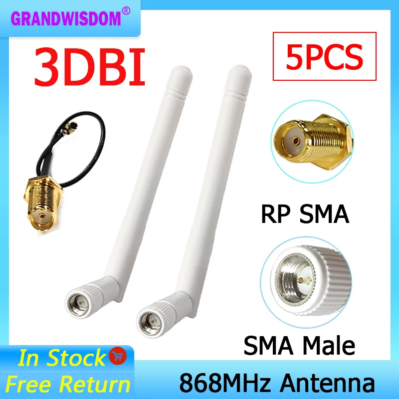 GRANDWISDOM 5pcs 868mhz antenna 3dbi sma male 915mhz lora antene module lorawan ipex 1 SMA female pigtail Extension Cable