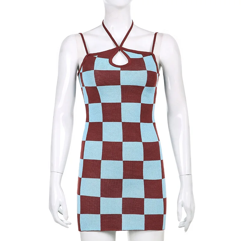 

Miguofan Plaid Halter Sexy Knitted Y2K Dress Mini Bodycon Women Dresses Summer 2021 Ffemale Short Sleeveless Dress Vestidos