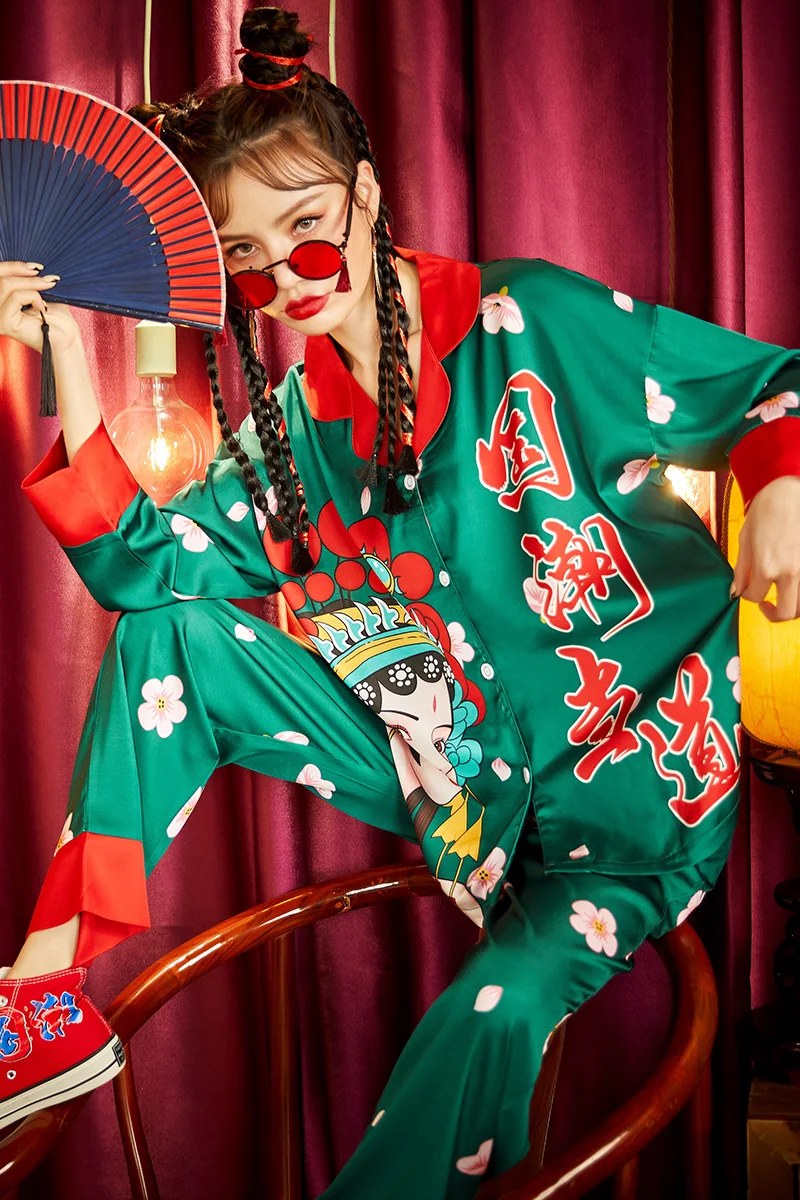 Summer Pajamas Women Sleepwear Chinoiserie The Tide High Quality Snow and Ice Silk Princess Style Spring Plus Size Pajama Set