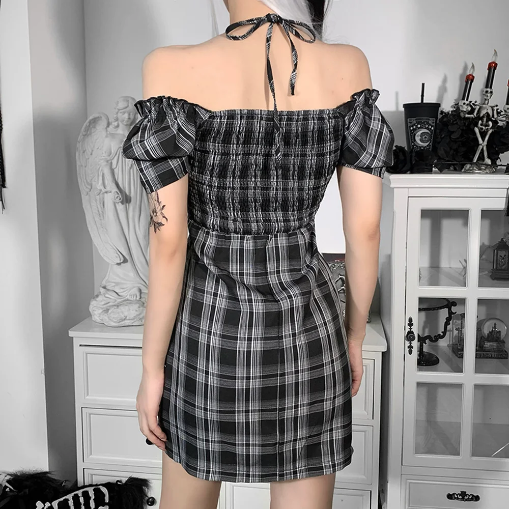 

Helisopus New Summer Vintage Halter Mini Dress Harajuku Sexy Slash Neck Hollow Out Women Dresses Gothic Black Plaid Party Dress