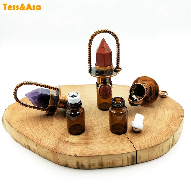 

Natural Gems Roller Massager perfume bottle Health Crystal Quartz oils diffuser Stone Rollerball vials glass bottle decoration
