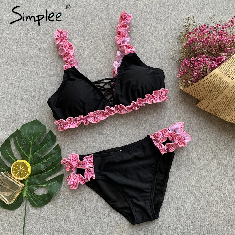 Женский купальник Simplee с рюшами на шнуровке для женщин большим вырезом и эффектом