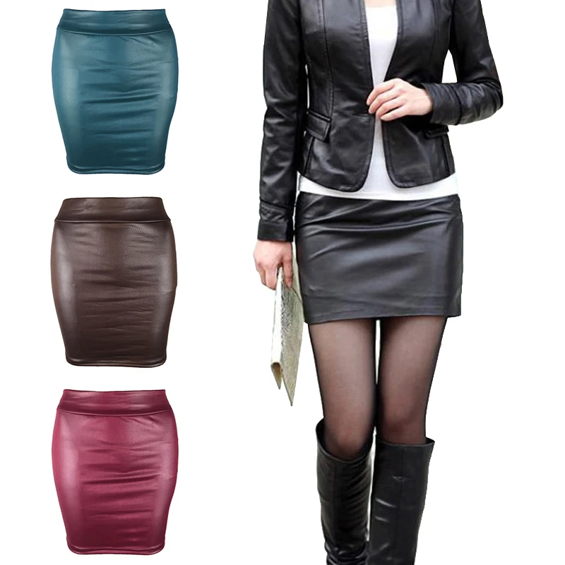 

Women Office Sexy PU Leather Bodycon Slim Short Mini Pencil Skirt Lady's Fashion Solid Color Short Skirt Autumn and Winter