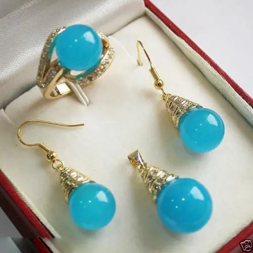 

Jewelry 12mm Blue jade Pendant Necklace Earrings Ring Set