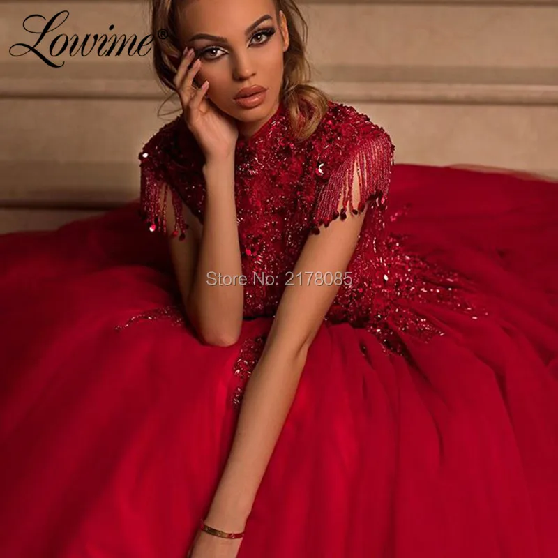 Saudi Arabia Dubai Design Prom Dresses Long Puffy Evening Dress Tassel Beading Customized Red Party Gowns 2020 Robe De Soiree