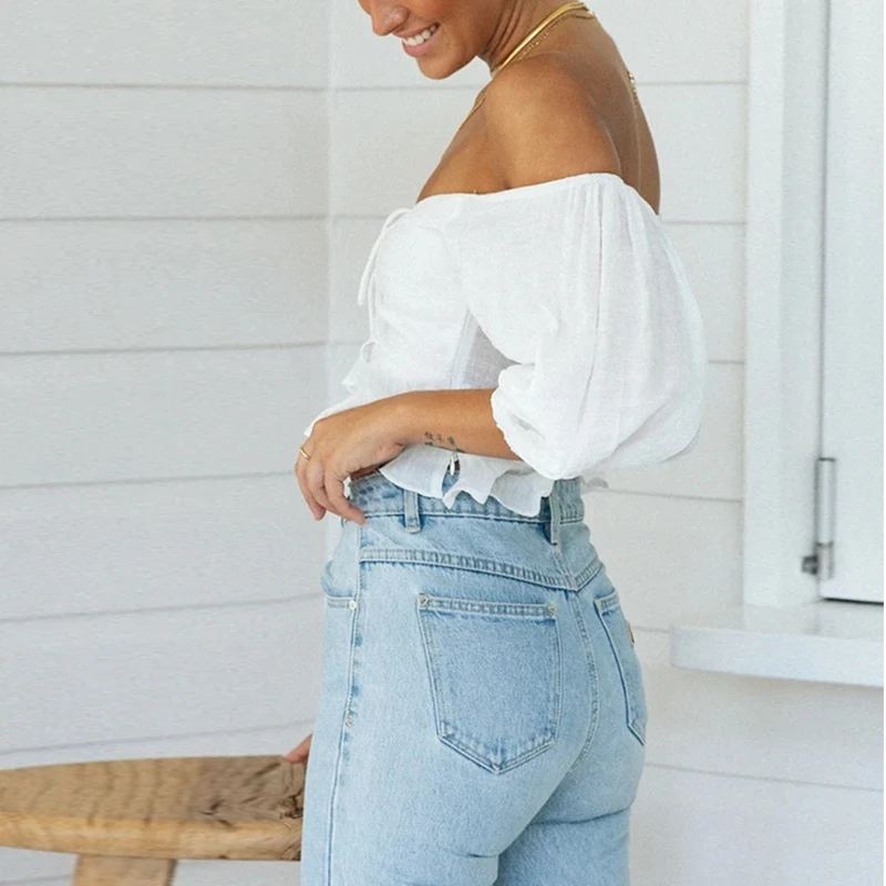 

White blouse shirt women spring autumn crop tops solid casual lace up blouse tops female sexy off the shoulder top blouse