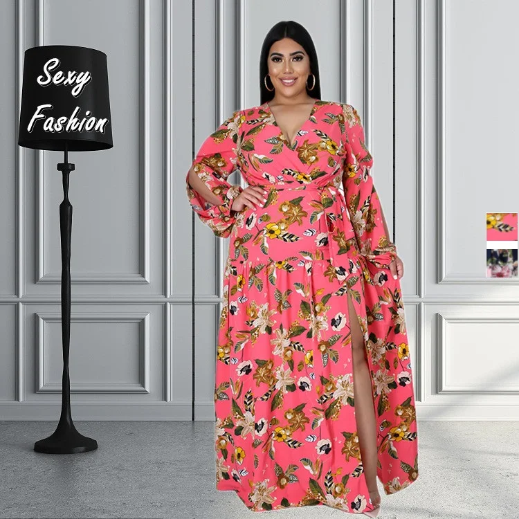 

Somoshein 4xl Floral Elegant Dresses For Women Plus Size Fall Clothes V Neck Sexy Long Dress High Waist Wholesale Dropshipping