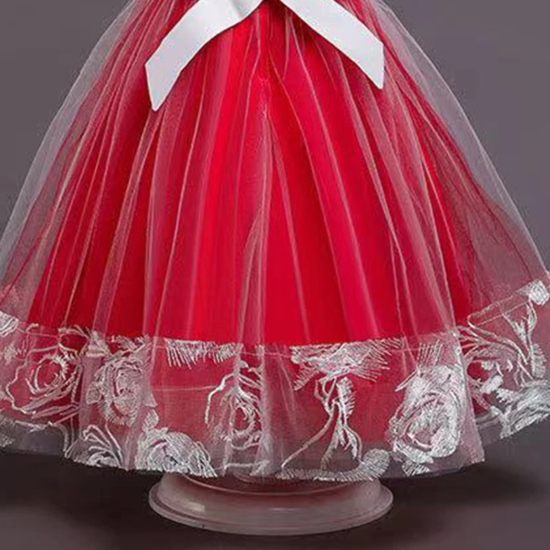 

Flower Girls Dresses Illusion Short O-Neck Tulle Lace Crystal Beading Embroidery Floor-Length Red Kids Party Princess Gown F523