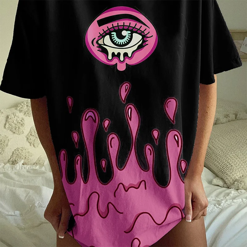 

Cry Eye Print Chic Black Pink Splicing Oversized Graphic Tees Women Crewneck Short Sleeve Casual Tshirt Lfemale 2021 Summer Tops