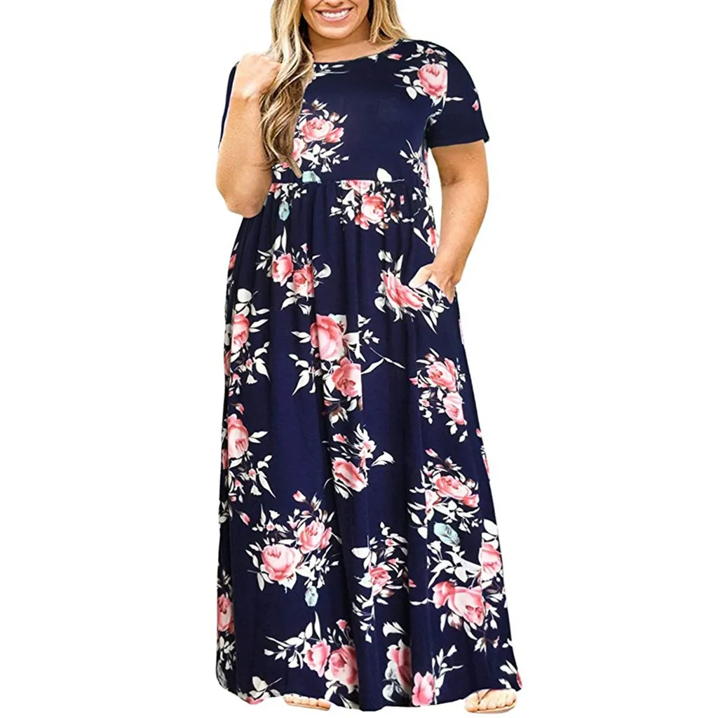 Plus Size Women Short Sleeve Dress Summer Solid Color O-Neck Long With Pockets Vestidos Female | Женская одежда