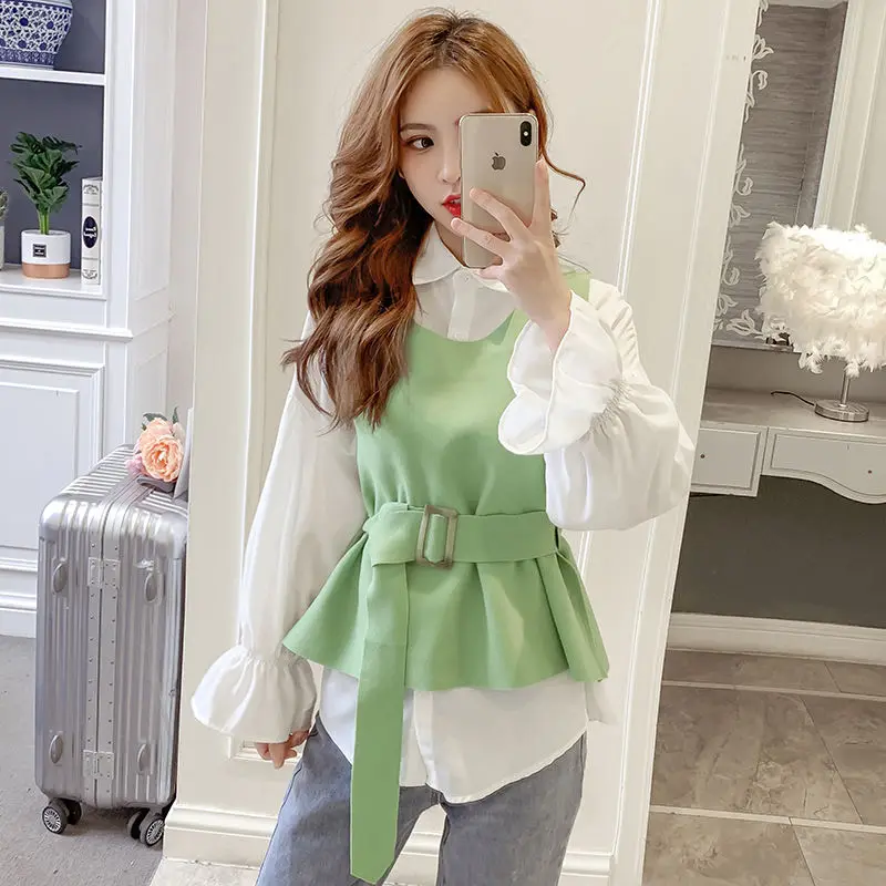 

Женский весенний комплект из двух предметов, свободная рубашка с длинным рукавом и круглым вырезом, пуловер, шерстяной жилет, Q250, 2021