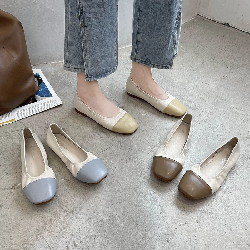 

Women Patchwork Flats Casual Square Toe Loafers Leather Shoes Flat Heel Retro