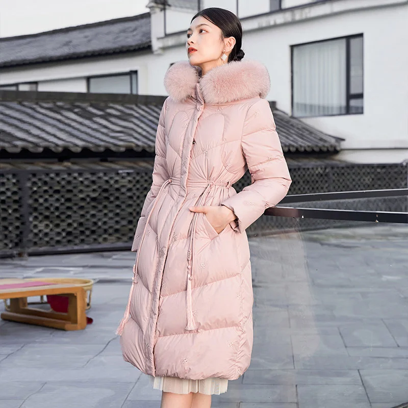 

SHZQ Down Jacket Women's Middle and Long 2021 Winter New 90 White Duck Down Pink Large Fur Collar Embroidered Waist Closing Coat