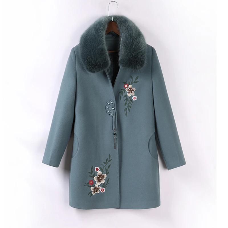 

Middle-aged Women's Woolen Coat New Autumn Winter Jacket Fashion Embroidery Mid-long Outerwear plus size 5XL female Wool Jacket