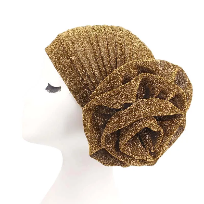 

Fashion Shiny Silk Turban Cap Elegant Women Big Flower Beads Muslim Hijab Islamic Jersey Chemo Hat Ladies Head Scarf Cover