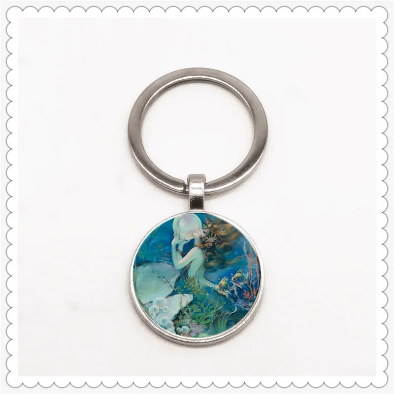 

Mermaid kiss pearl pattern keychain glass convex round pendant classic fashion men and women keychain gift pendant