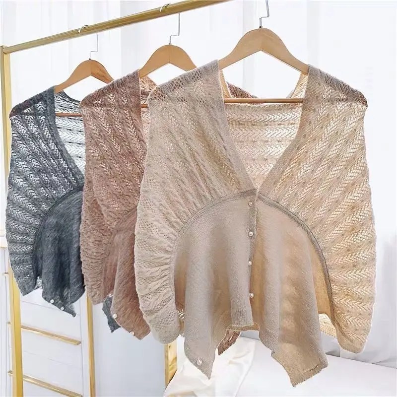 

Pearl Buckle Multifunctional Shawl Versatile Fashion Hollow Breathable Shoulder In Summer Sun Protection Neck Protection