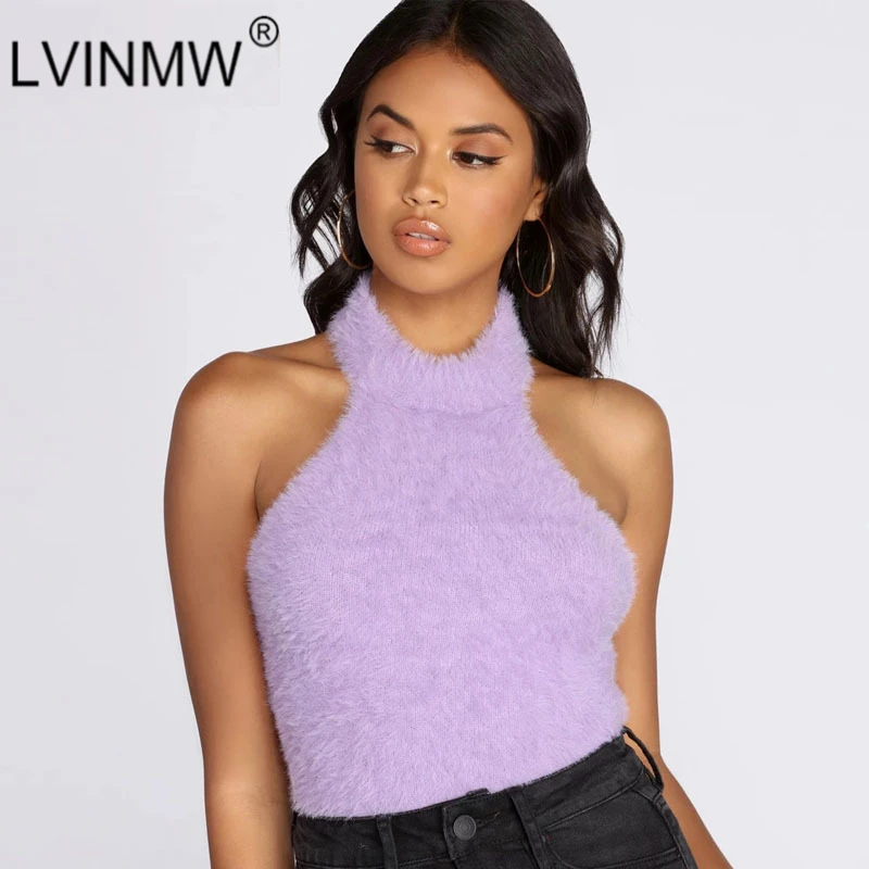 Сексуальный фиолетовый флисовый укороченный топ с лямкой на шее Осень-зима