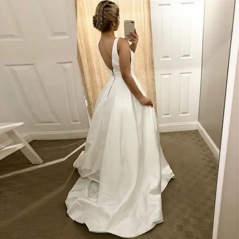 платье Simple Satin Deep V-neck Backless Wedding Dresses Vestido De Noiva Robe De Ssoirée De Mariage Свадебное платье
