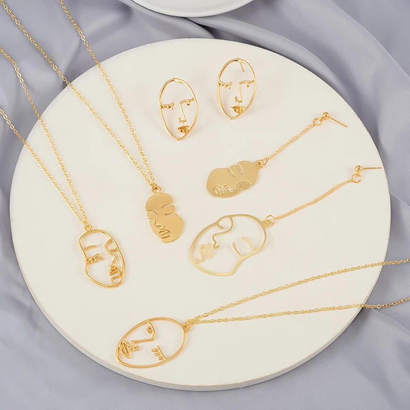 

Hollow Abstract Face Dangle Drop Earrings For Women Punk Fashion Human Portrait Pendant Necklace Handmade Female Jewelry Gifts