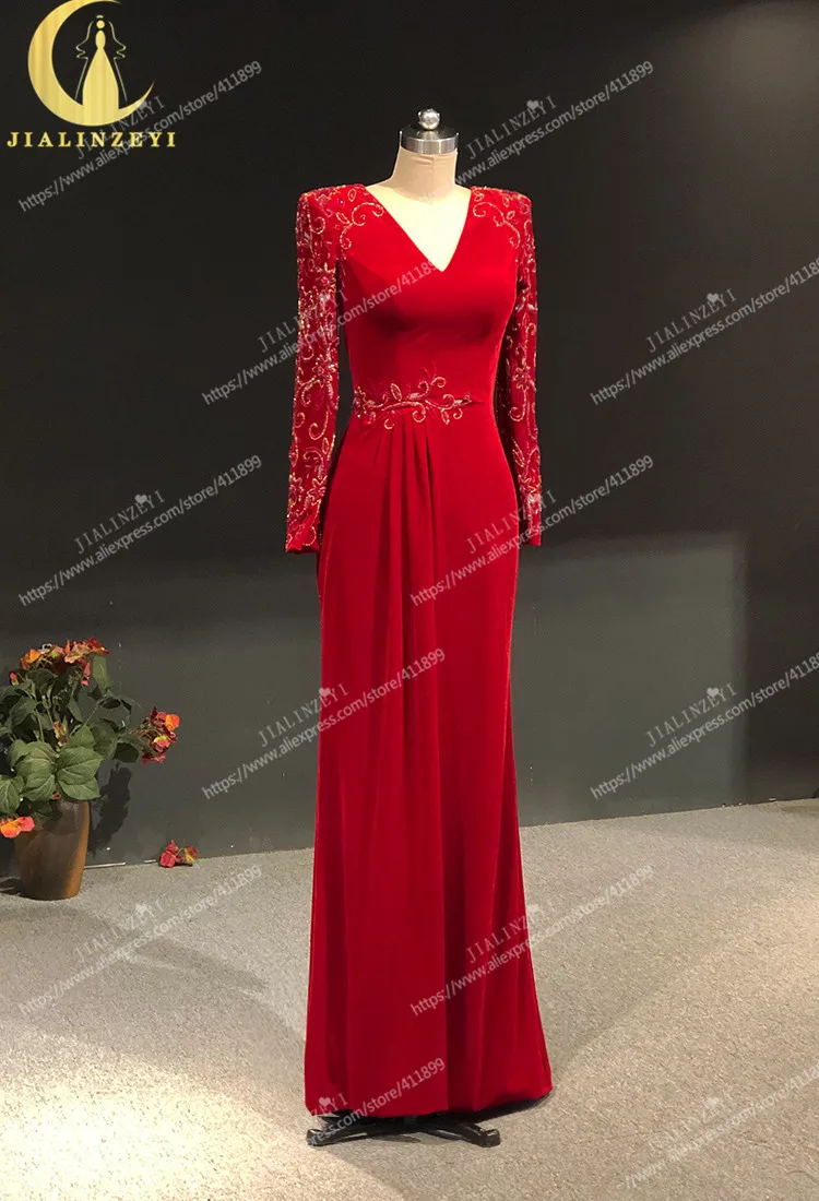Rhine real Pictures Red Velevt Long Sleeves V Neck Floor Length Arabic платье 2021 Evening Dresses Long