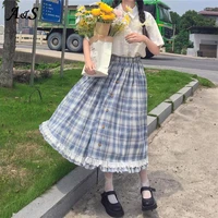 anbenser sweet plaid a line skirt women casual loose harajuku long skirts female japanese girl kawaii student uniform maxi skirt