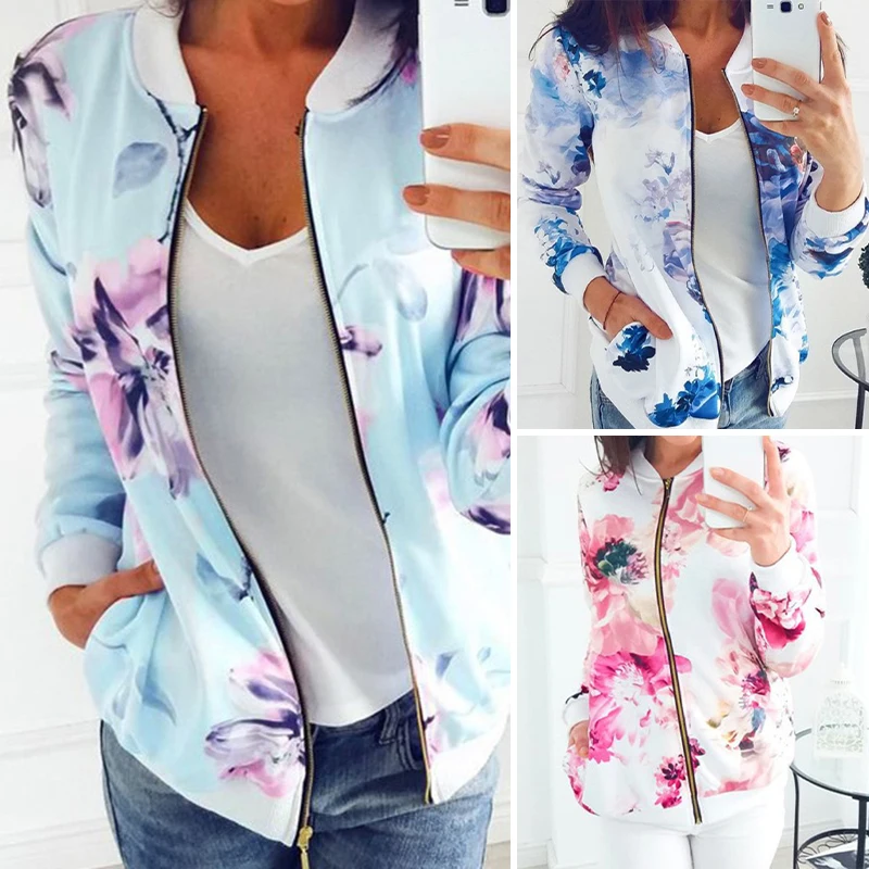 Женская куртка с цветным Ретро принтом длинный рукав молния Бомбер куртки для