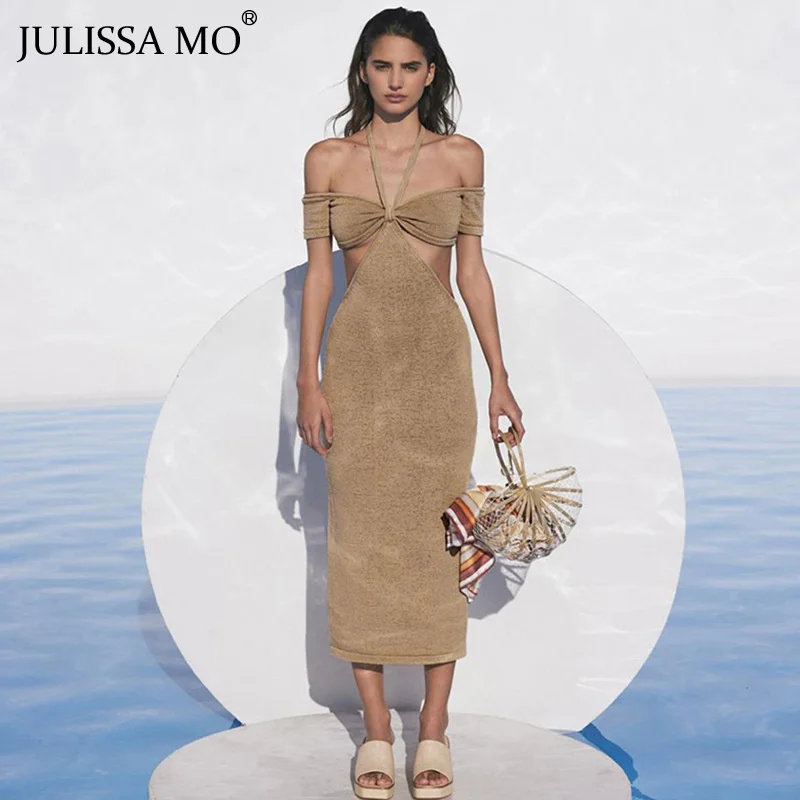 

Julissa Mo Summer Halter Off-Shoulder Bodycon Long Women Dress 2021 Fashion Slim Party Dresses Solid Sexy Partywear Vestidos