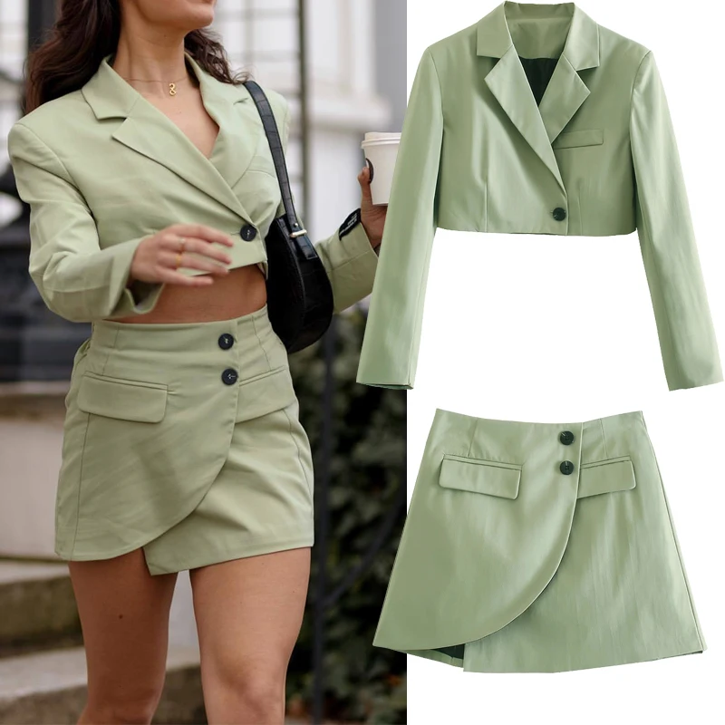 

Женский однобортный пиджак с длинным рукавом, короткая однотонная куртка с лацканами, комплект из 2 предметов, осень 2021